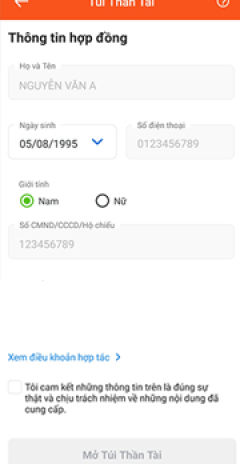 Kiểm tra thông tin hợp đồng. Đánh dấu Tôi cam kết và chọn Mở Túi Thần Tài
