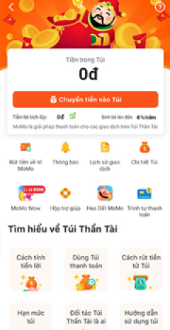Tại màn hình Túi Thần Tài, bấm Chuyển tiền vào Túi và chờ nhận tiền lời