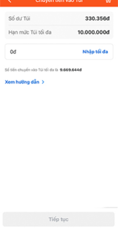 Chọn Chuyển tiền vào Túi