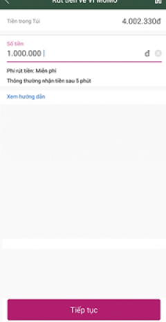 Nhập số tiền cần rút và nhấn Tiếp tục