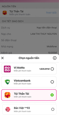 Tại bước Xác nhận, thay đổi Nguồn tiền là Túi Thần Tài